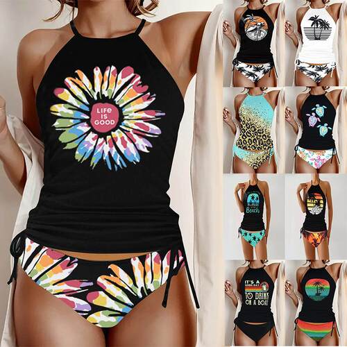 Bikini Womens Punk Halter Skeleton Print Beach Outdoor Neck