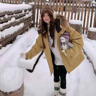 卡其黄大连毛领服帽工装羽绒女年冬季新款款白鸭绒C018-00中长外