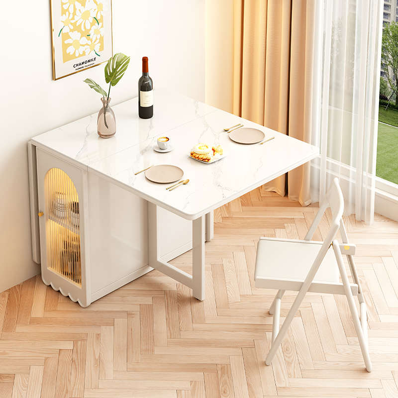 奶油风岩板折叠餐桌餐边柜小户型可移动伸缩多功能收纳实木吃饭桌