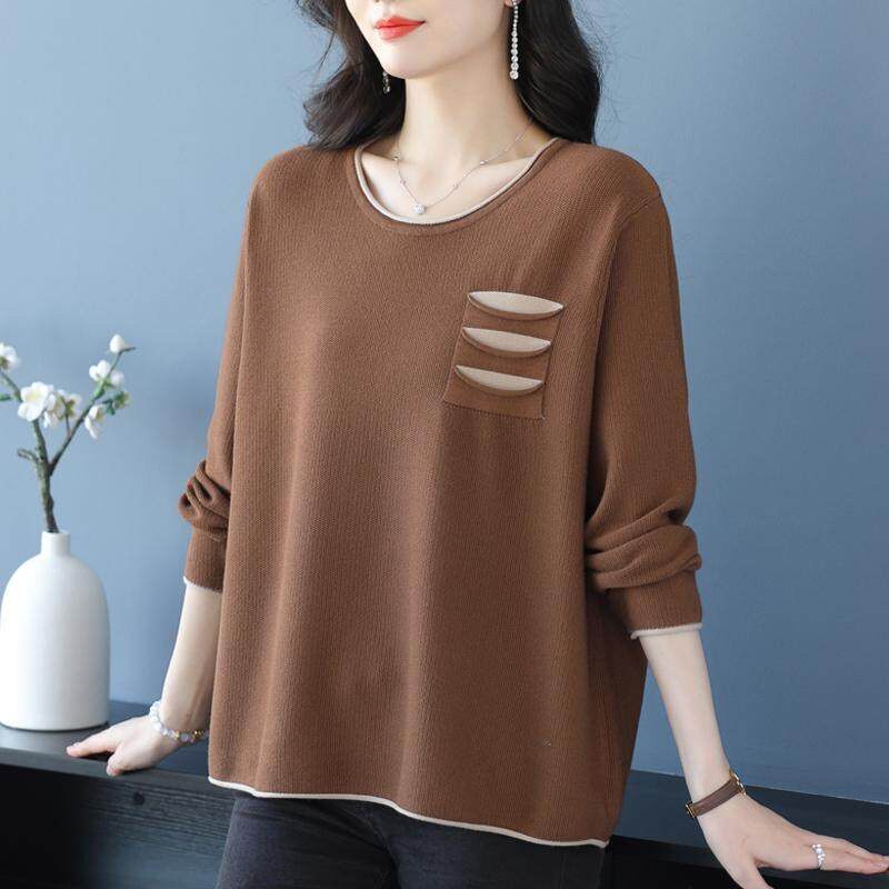 胖妈妈春装新款针织衫加肥加大码圆领长袖上衣宽松遮肚春秋T恤女