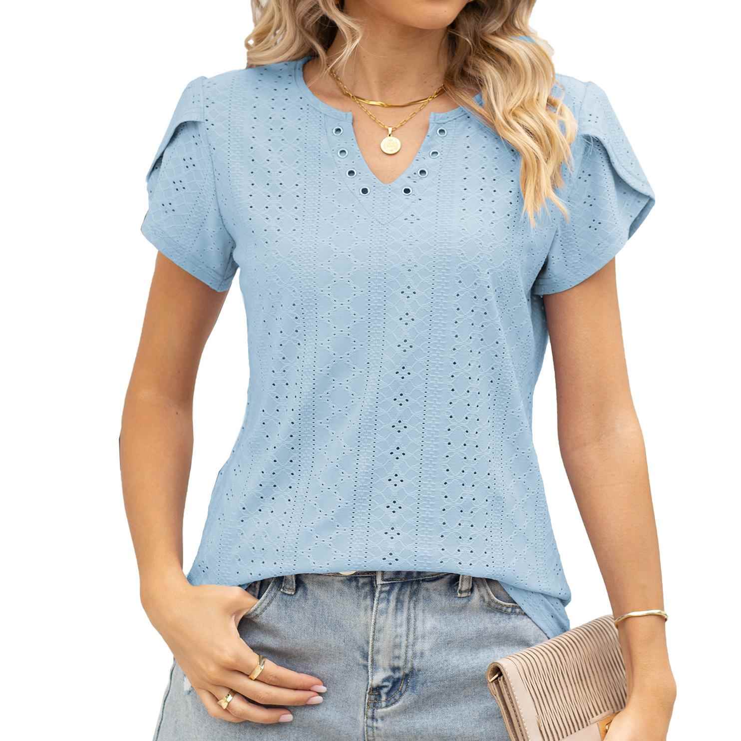 women for tops T-shirt short-sleeved loose hollow button