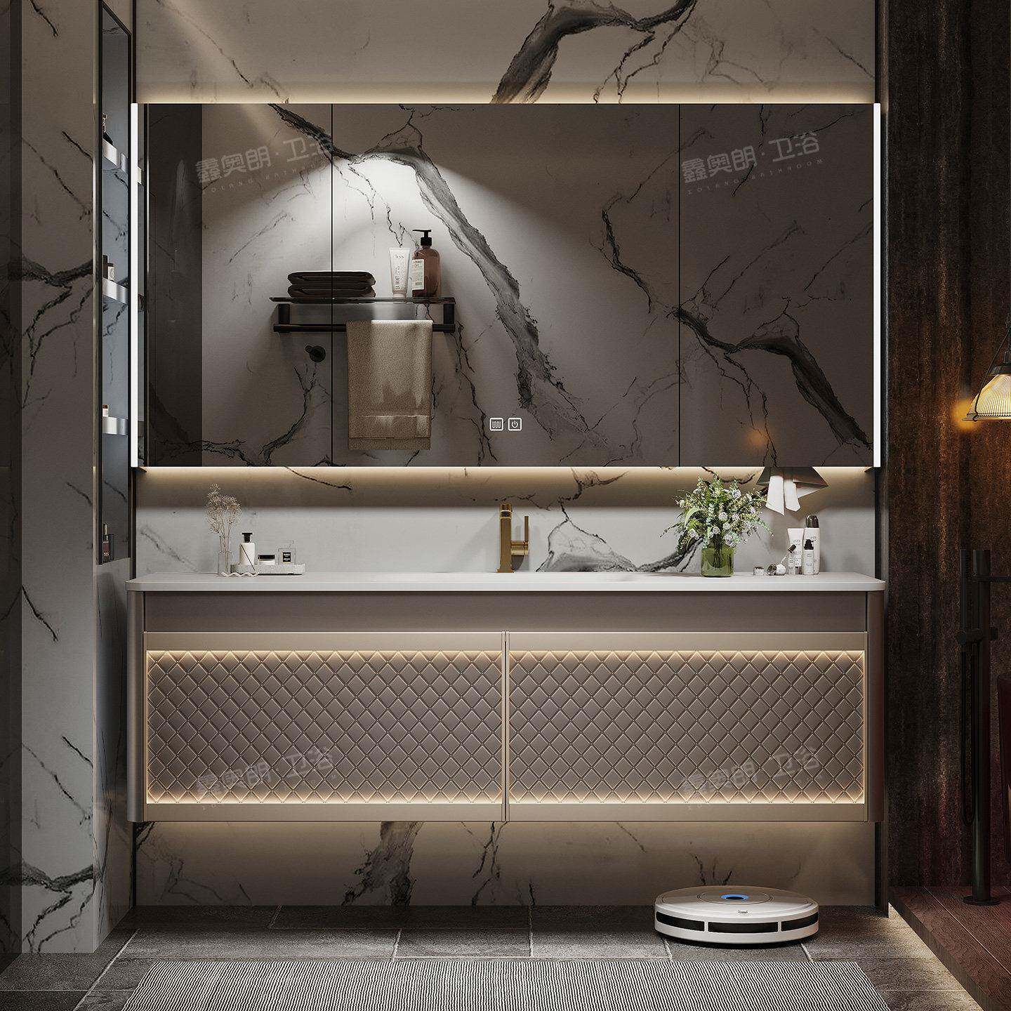 高端定制橡木浴室柜组合轻奢化妆室岩板热弯一体盆洗漱台洗手脸盆