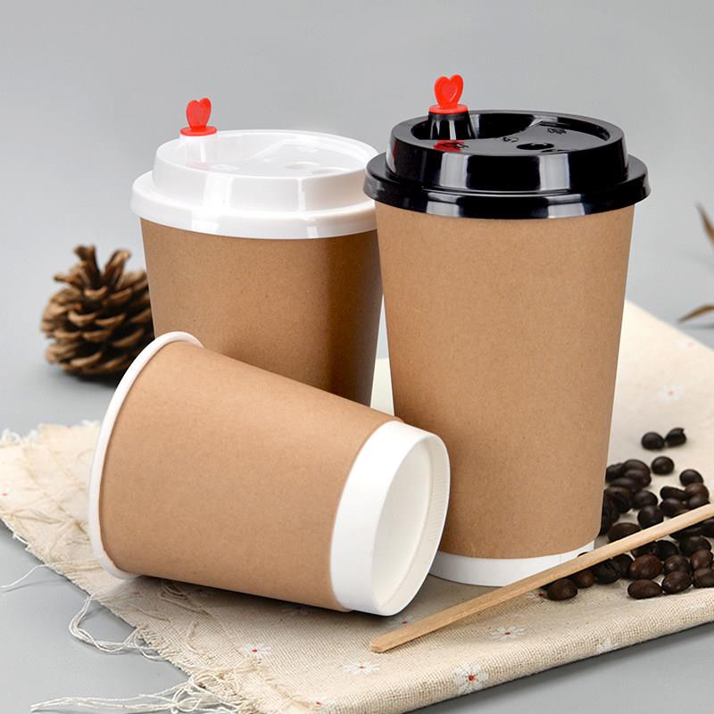 一次性咖啡杯带盖商务牛皮纸杯加厚中空杯热饮杯双层瓦楞杯豆浆杯