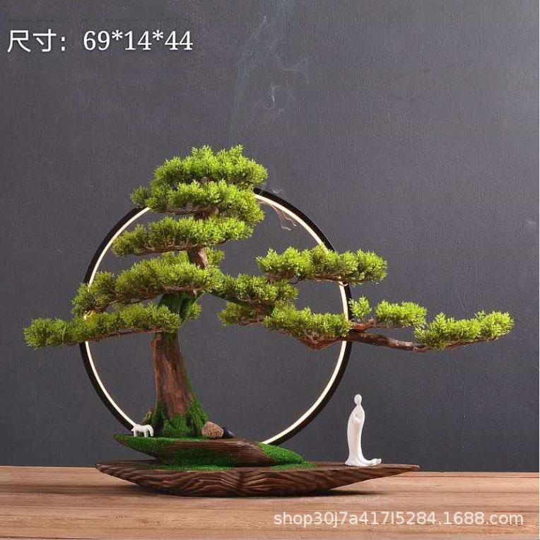 仿真迎客松摆件盆景中式禅意灯圈新中式客厅玄关装饰软装家居饰品
