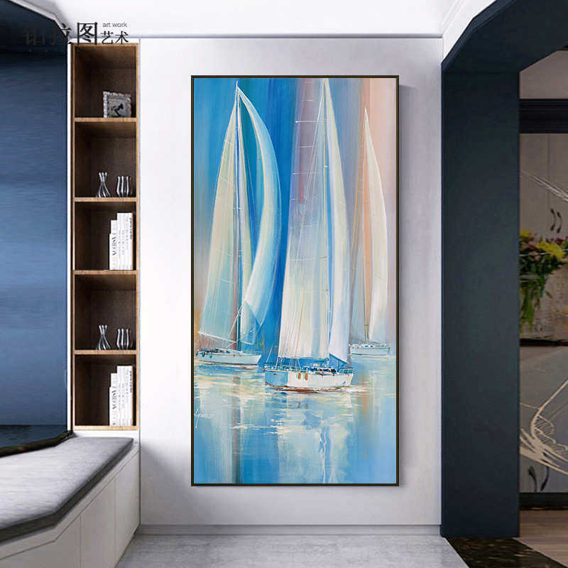 一帆风顺玄关装饰画现代简约竖版挂画入户过道走廊壁画风景油画
