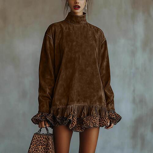 High neck long sleeved printed patchwork dress