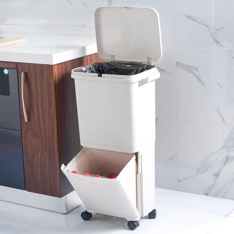 厂家现货双层分类垃圾桶 干湿分类厨房垃圾箱 带滑轮大垃圾筒