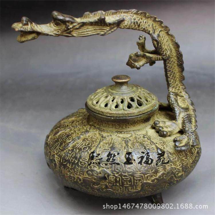 纯铜青铜百寿龙提手香熏炉古玩香炉铜器家居风水摆件工艺品