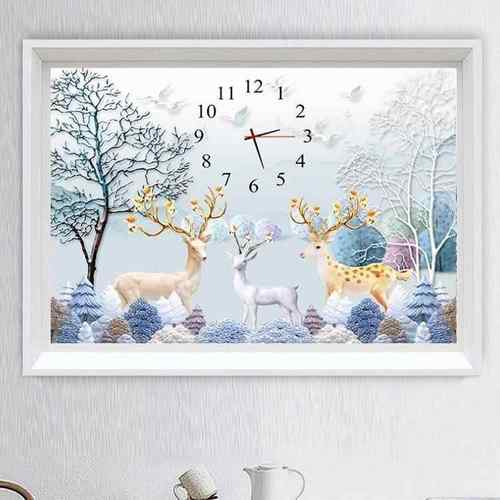 5d钻石画2024新款钟表发财鹿客厅现代高级感点钻十字绣钻石绣挂钟