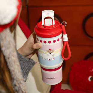 吸管杯保温水杯小狗陶瓷内胆大容量高颜值便携带提手带把手杯子