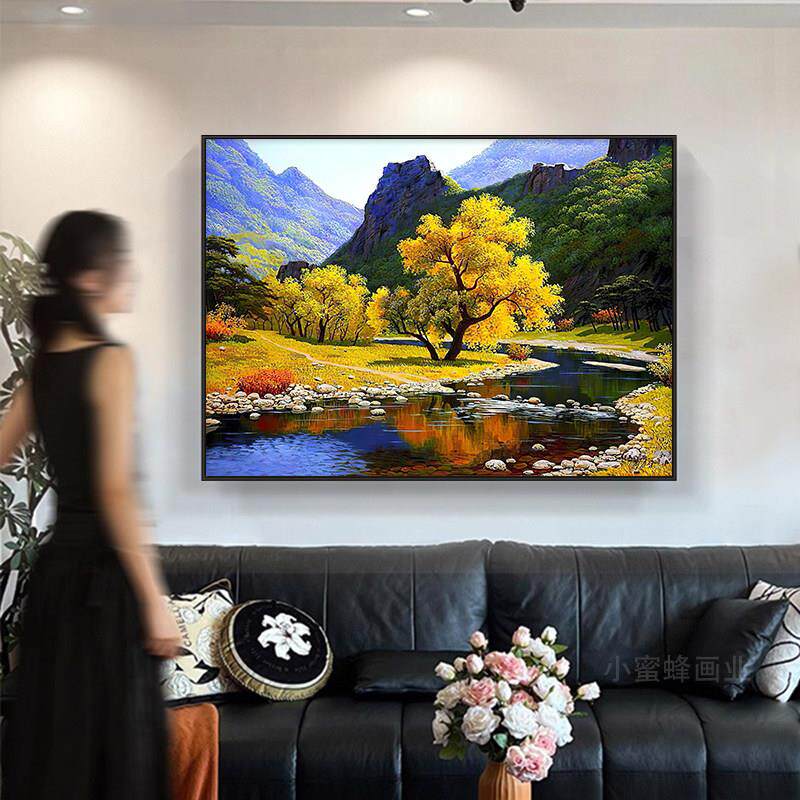 山水风景油画客厅装饰画美式复古餐厅挂画欧式沙发电视背景墙壁画