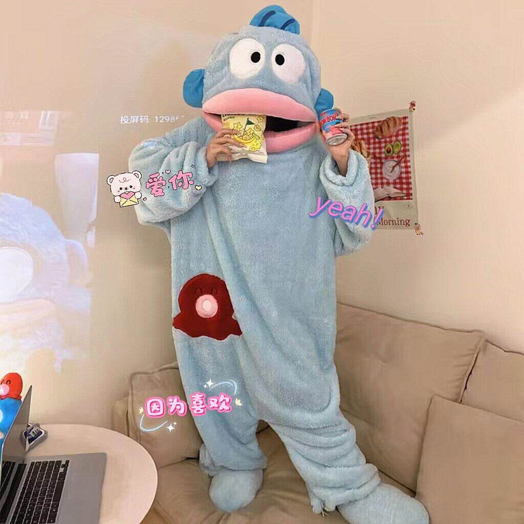 丑鱼睡衣女秋冬季珊瑚绒情侣连身卡通搞怪睡袍男款加厚加大码睡裙