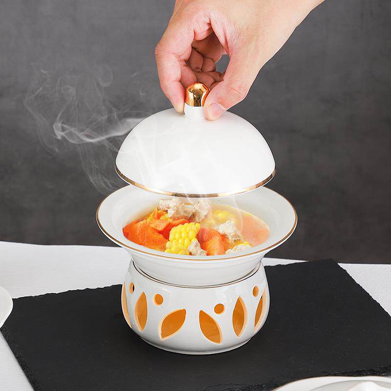 酒店炖盅瓷盅陶瓷带盖汤盅商用餐厅位上盅蜡烛加热炉座保温翅盅碗