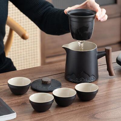 旅行茶具套装户外露营便携茶具黑陶快客杯一壶四杯收纳包商务礼品