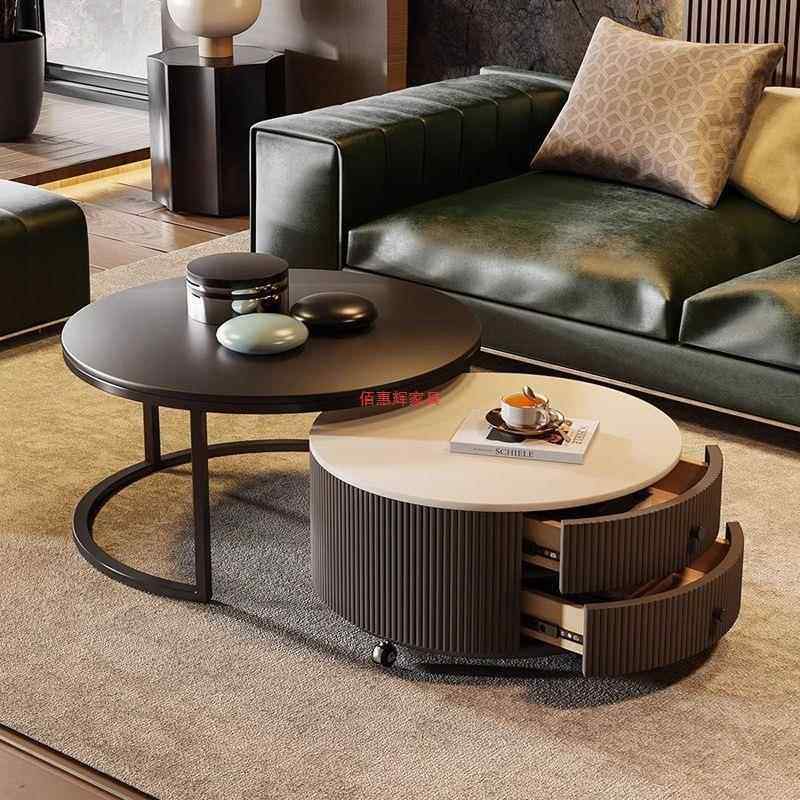 岩板圆形茶几客厅2025新款家用轻奢现代简约大小户型黑色意式极简