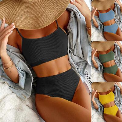 Women's 2 Pcs Ribbed U-Shaped High Waist Halter Bikini Set