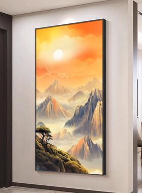 旭日东升玄关背景墙装饰画新中式竖版入户迎门墙挂画大气风景壁画