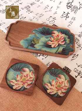 新品 荷花北美胡桃木茶盘杯垫掐丝珐瑯DIY釉料材料包LY231024