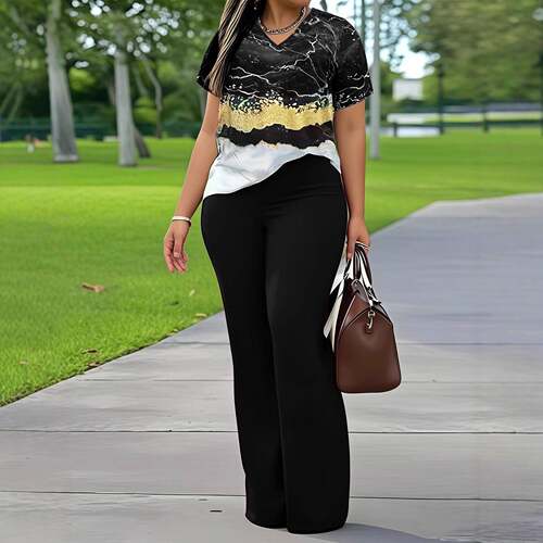All Over Print Two-piece Set V Neck Long Sleeve Top & Wide