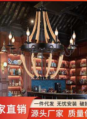 复古工业风麻绳LED吊灯铁艺吊灯主灯书房卧室餐厅火锅店白炽灯