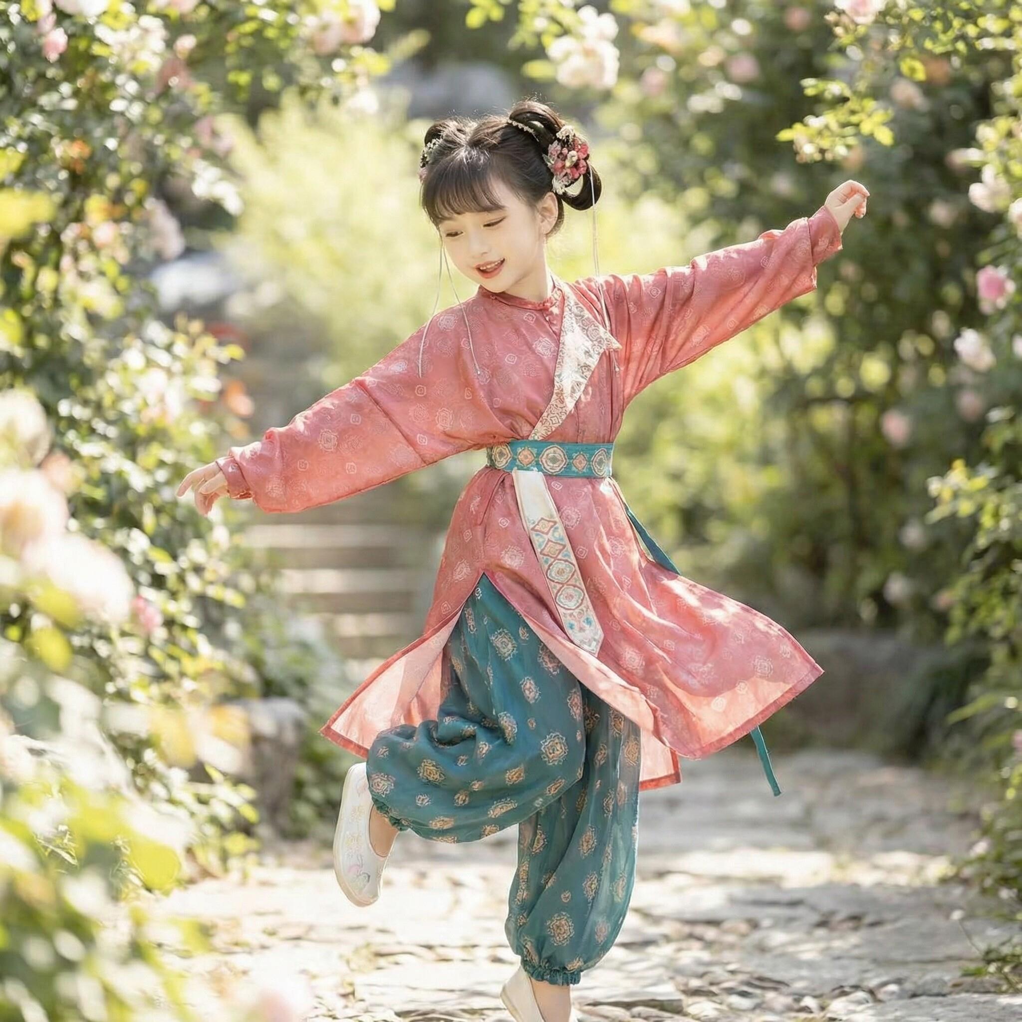 汉服女童唐制圆领袍夏款套装古风中国风灯笼裤小女孩演出古典舞图片