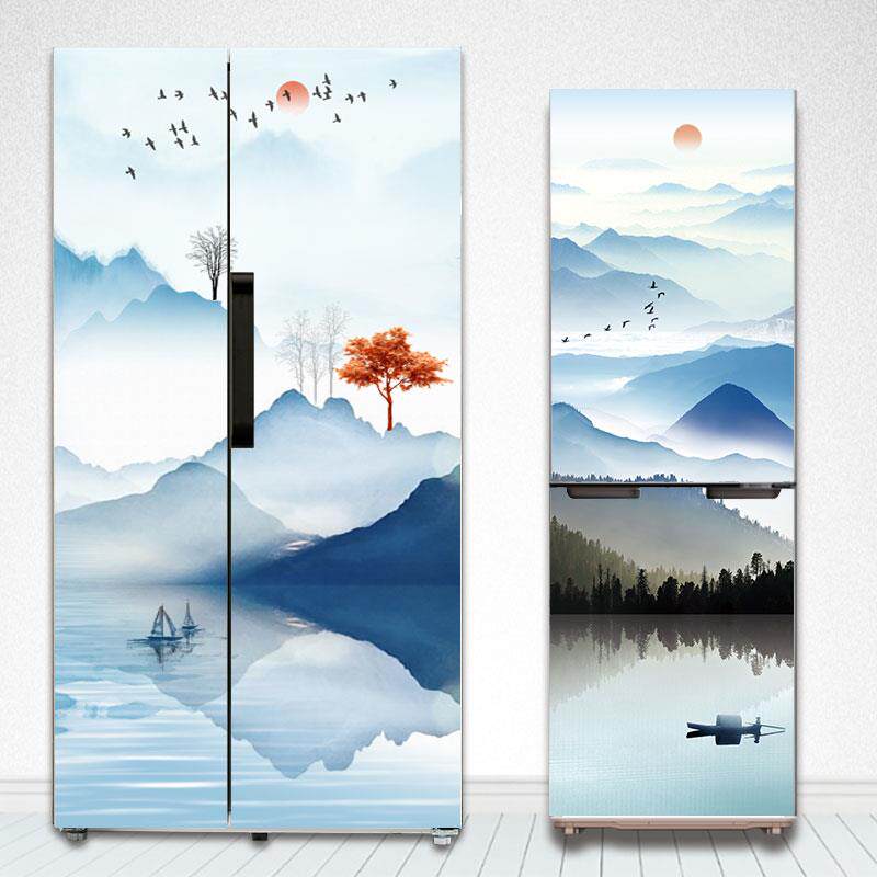 冰箱贴纸装饰翻新自粘整张侧面山水画创意不透明遮丑风景全包双门