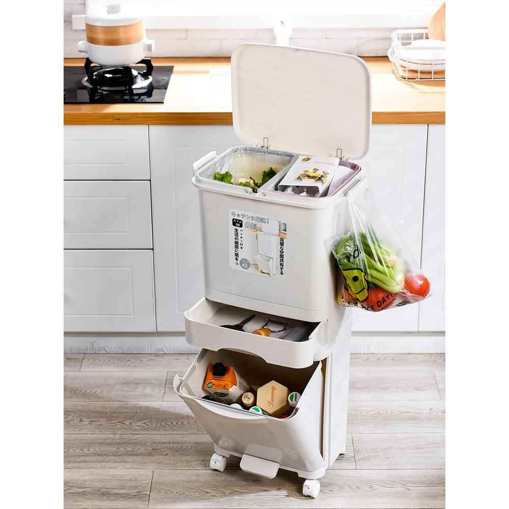 料日式家用厨房干HX-704动湿分类垃圾桶双层轮塑收纳桶移带盖滑垃