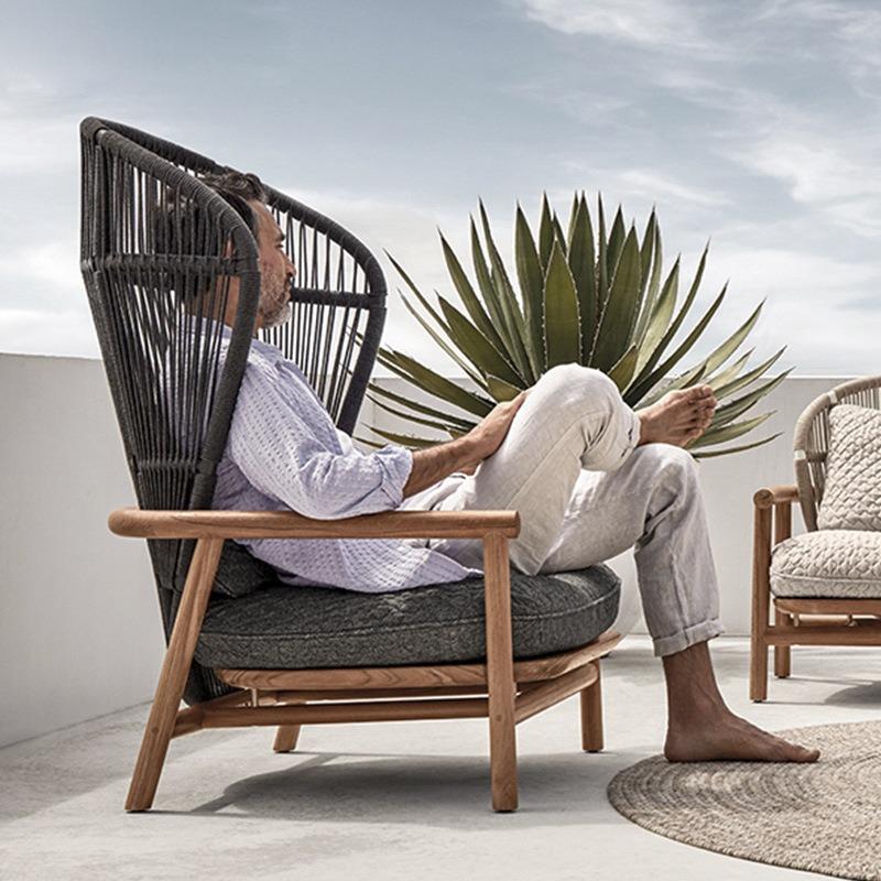 室外露台沙发休闲户外庭院柚木阳台藤椅沙发实木组合露天单人高背