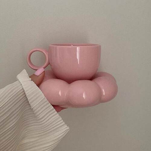Pink Ceramic Coffee Cup Set, Breakfast Flower Cups INS Style