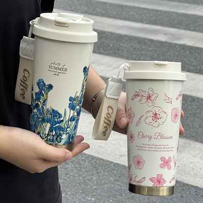 2024新款花园保温杯316不锈钢咖啡杯女生大容量高颜值吸管水杯子