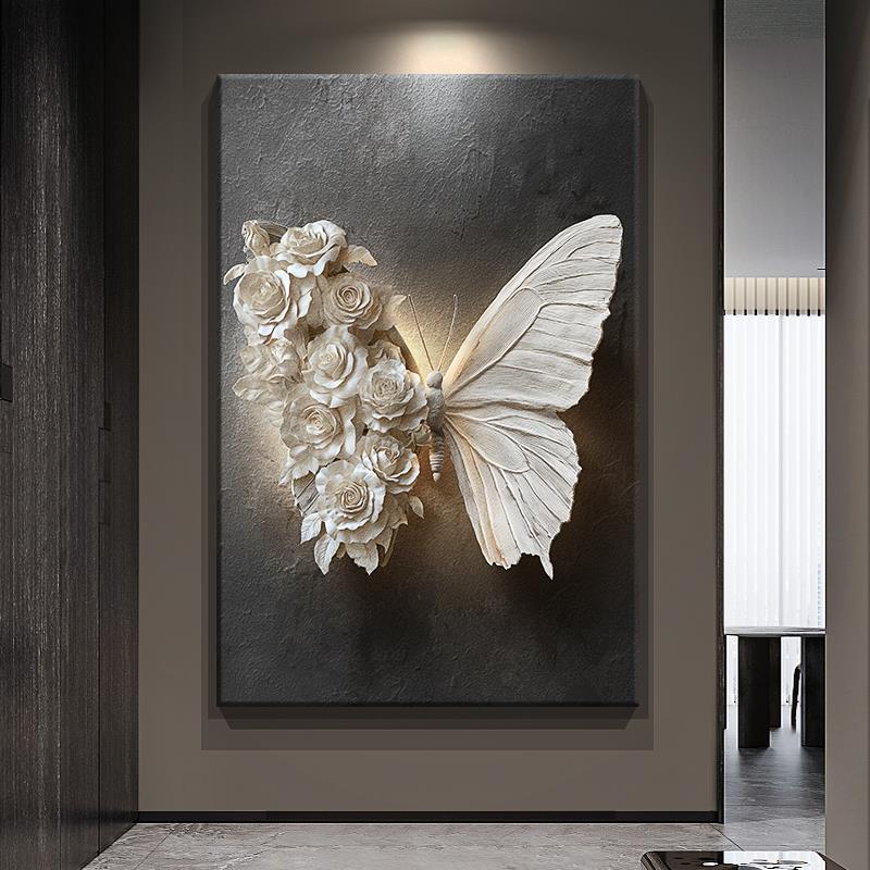 高级感黑白蝴蝶玄关装饰画浮雕立体感客厅沙发背景墙壁挂画落地画图片
