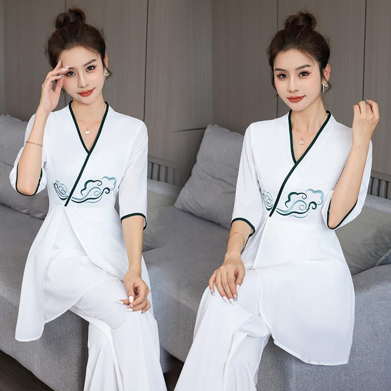 美容服装女国风白色宽松大码养生会所按摩师工作服采耳保健技师服