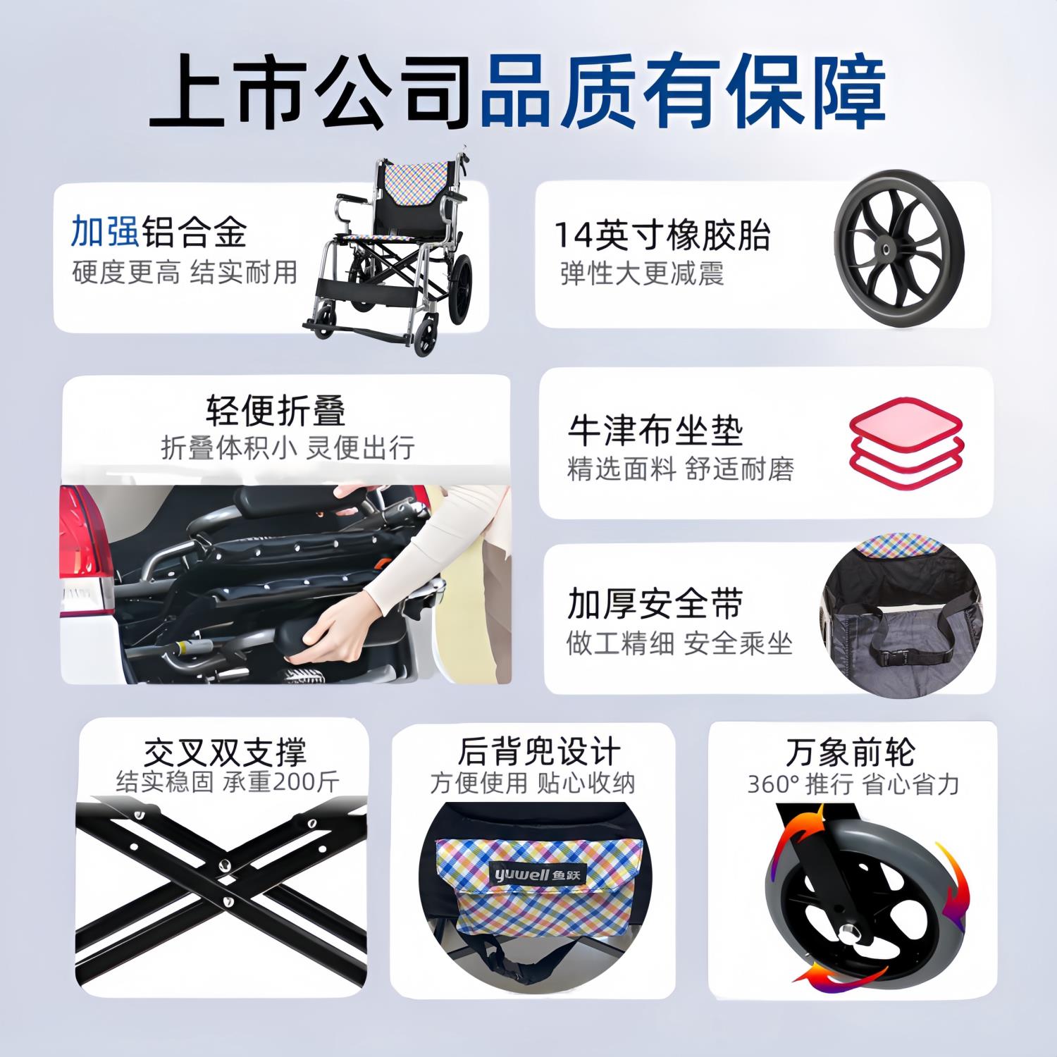 鱼跃轮椅H032C 折叠轻便铝合金轮椅 超轻可携式小轮老人旅行成人
