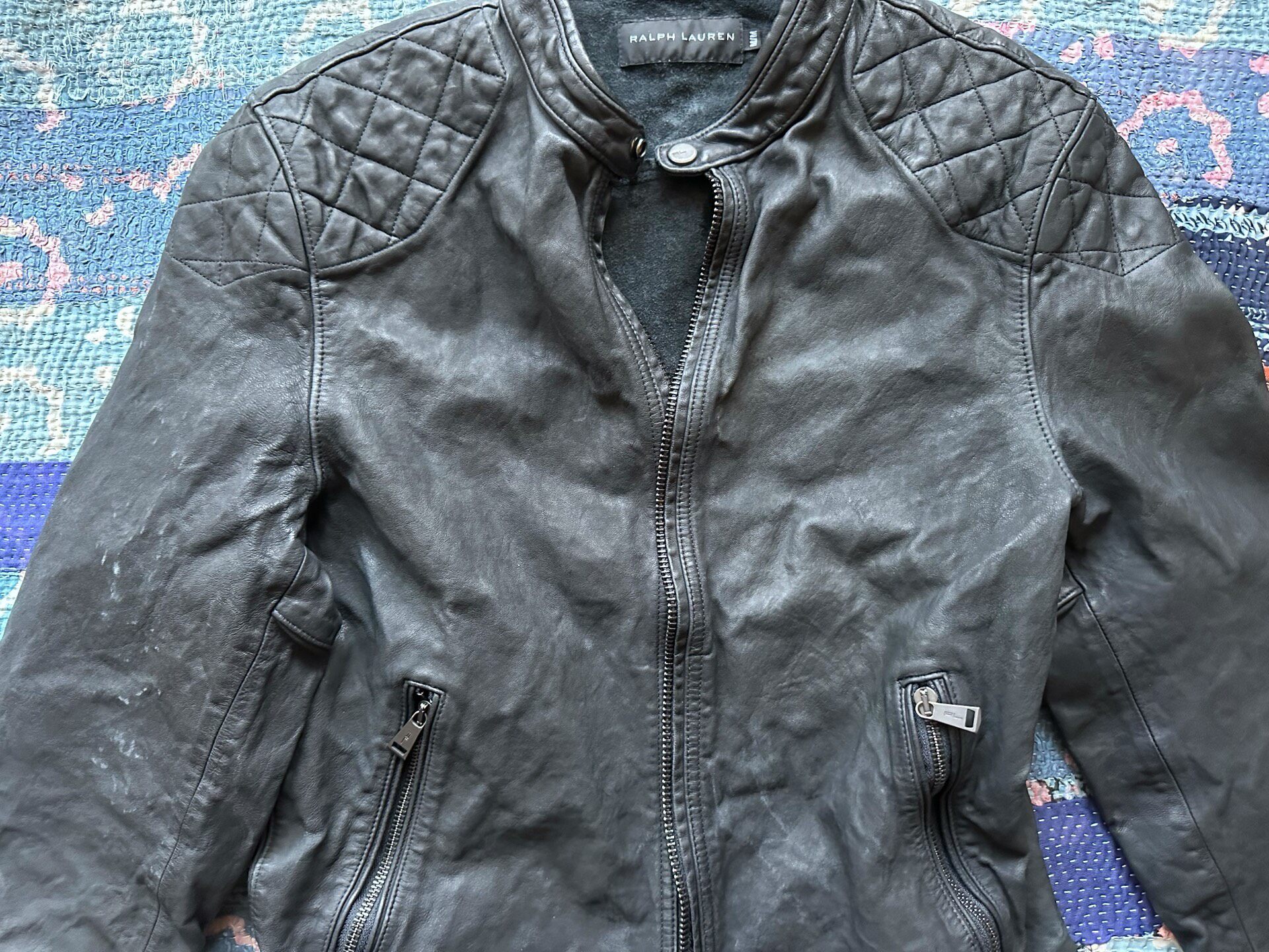 Ralph Lauren Black Label Distressed Leather Moto Jacket — detail