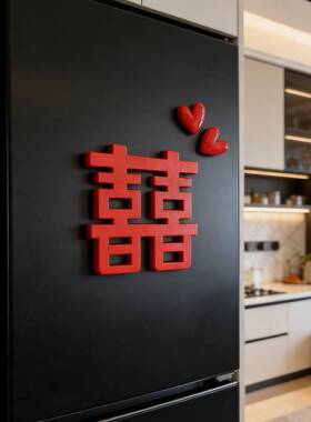 红色爱心喜字冰箱贴婚房布置磁吸新房订婚结婚双喜立体装饰摆件