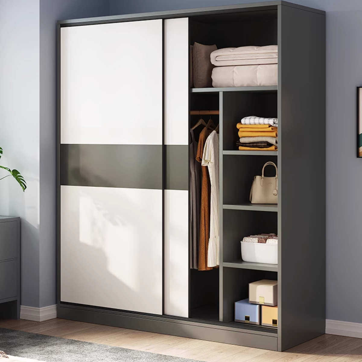 推拉门衣柜家用卧室出租房经济型简易柜子结实耐用实木质儿童衣橱