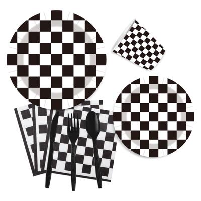 White Black Check Party Supplies 黑白格子一次性节日派对餐具