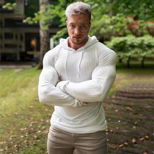 sleeved men sweater hooded fitness long striped Thin