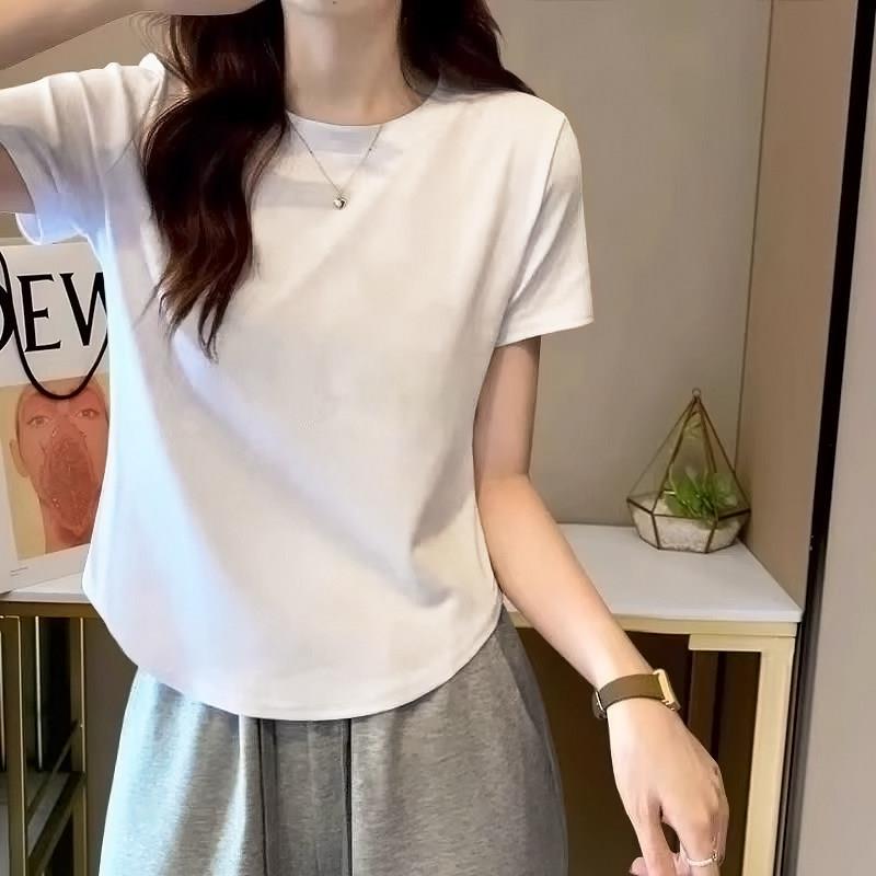 欧货白色短袖t恤女2026新款夏季纯棉正肩不规则体恤短款女士上衣