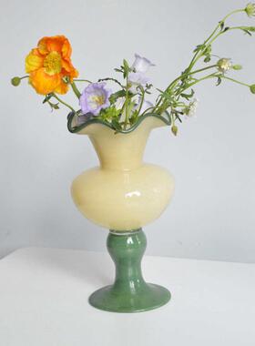 养摆件法式新品中古感艺术话玻璃花瓶高脚器水风灯花高级铃兰复古