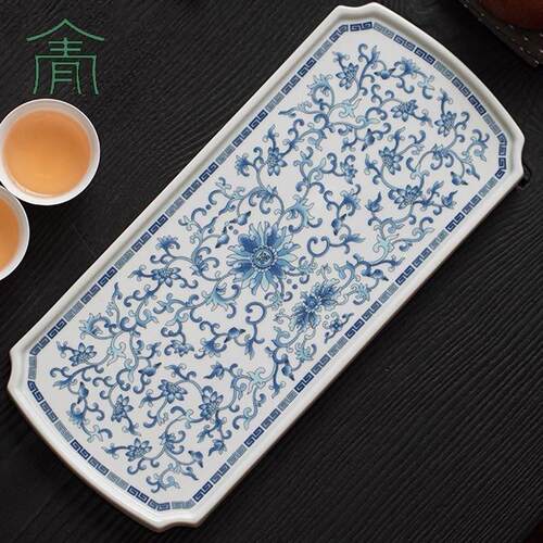 新中式覆古影青陶瓷青花缠枝莲茶盘家用小型干泡台长方形隔热托