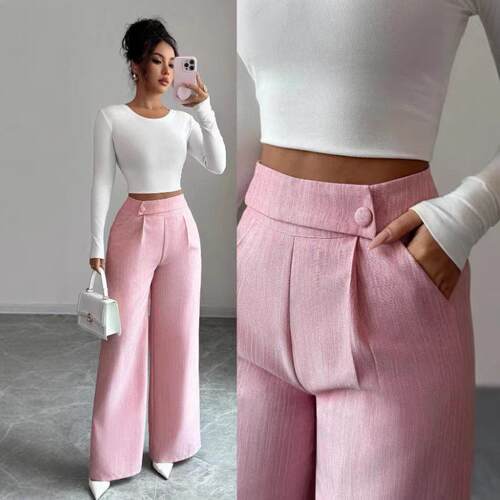 Women Waist Commuter Pleated Side Pocket Slim Pants Comfort