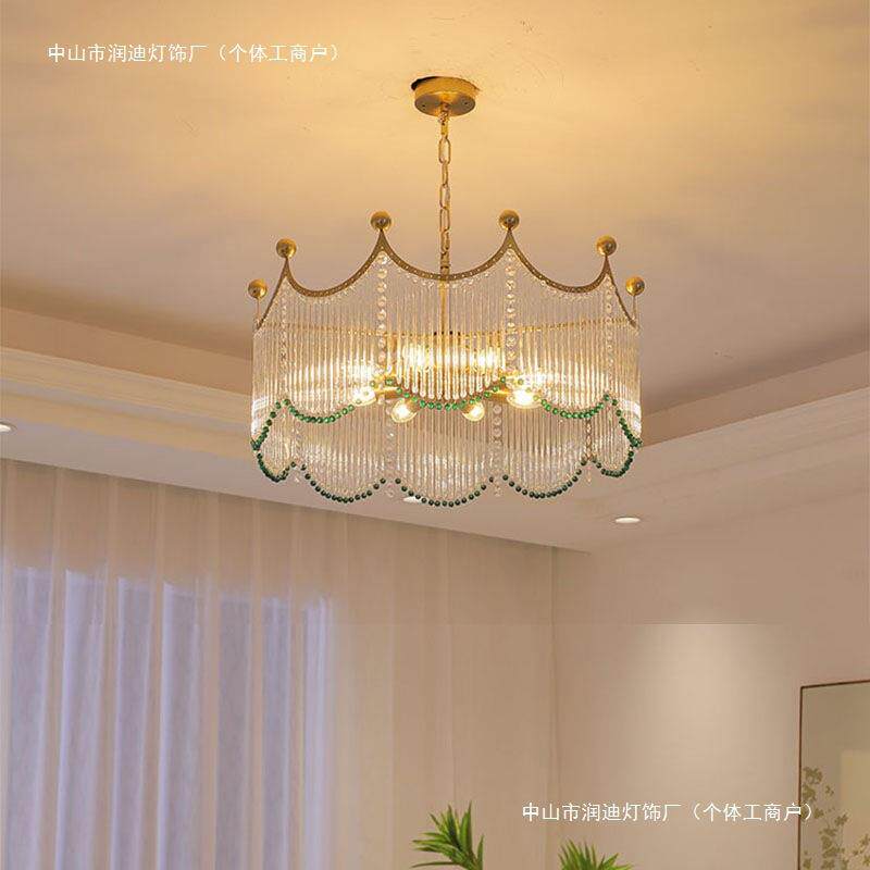 复古绿色珠轻法式奶油水晶玻璃条吊灯美式现代客厅餐厅卧室书房灯