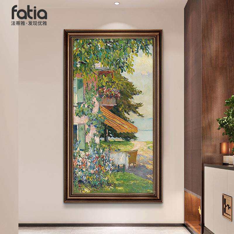 风景画油画玄关装饰画竖版美式复古壁画走廊过道挂画莫奈名画梵高