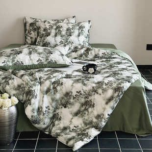 夏季 床上用品 复古凉感天丝四件套数码 印花被套裸睡冰丝床单小众款