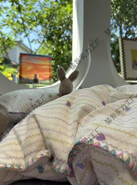 2026A类母婴级紫色爱心条纹双层纱纯棉四件套1.5m1.8少女床单被套