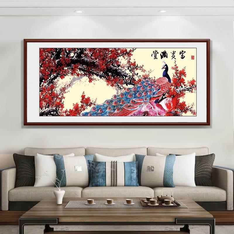 新中式装饰画沙发背景墙画花开富贵牡丹图孔雀画横版卧室床头挂画图片