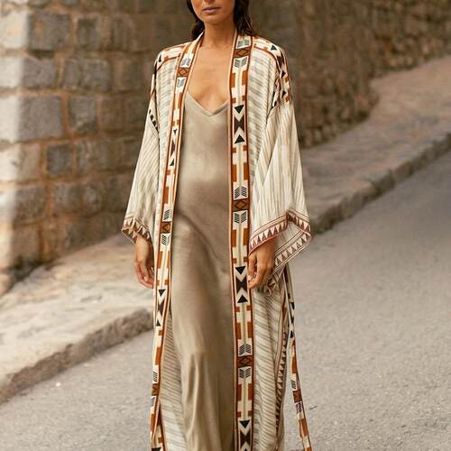 Plus Size Geometric Print Drop Shoulder Long Sleeve Kimono,