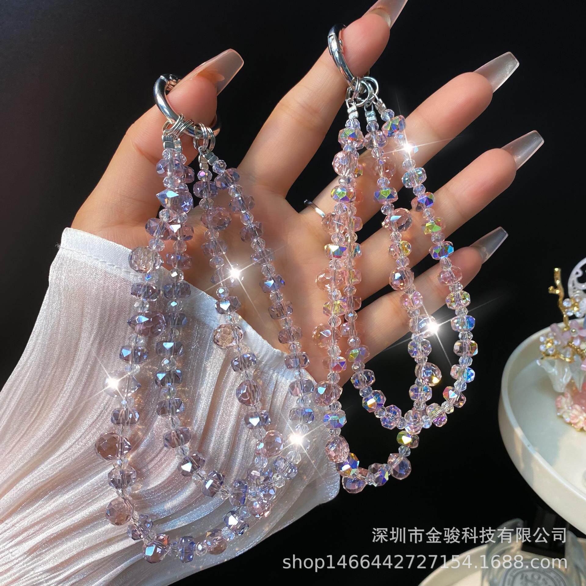 水晶手机链 简约车轮扁珠双链炫彩手机挂链手工串珠链绳diy钥匙链