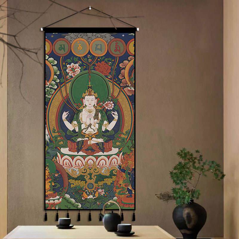 藏式唐卡挂画 画布艺挂毯装饰画 画竖版壁画 画墙布玄关过道挂布